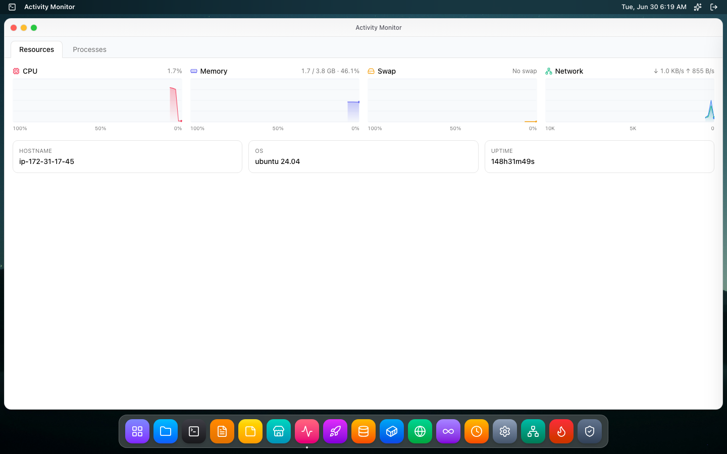 Activity Monitor showing CPU, memory, and network