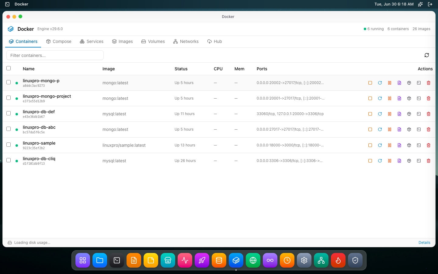 Docker dashboard listing running containers