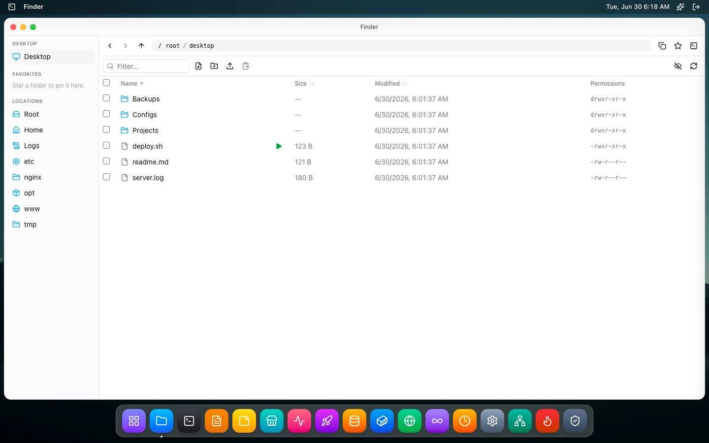 Finder file manager showing /root/desktop