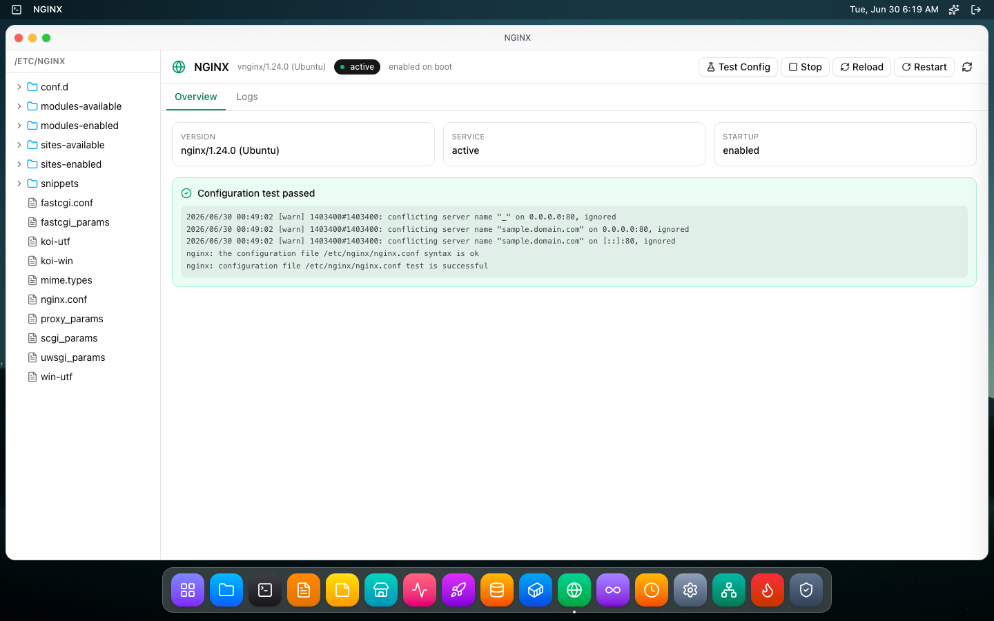 NGINX panel showing config test passed